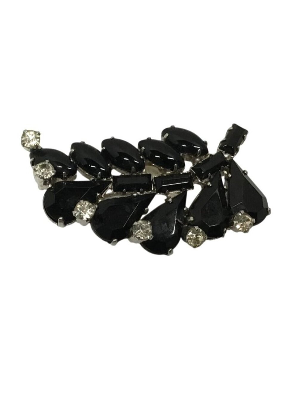 Metal Silver Tone Vintage Black Rhinestone  Leaf Brooch Pin